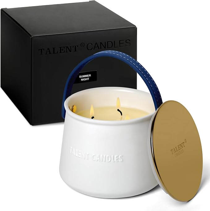 Scented Candles Ceramics Cup Handheld 3 Wicks Natural Soy Wax Candles Gifts for Women & Men (Summer Night)
