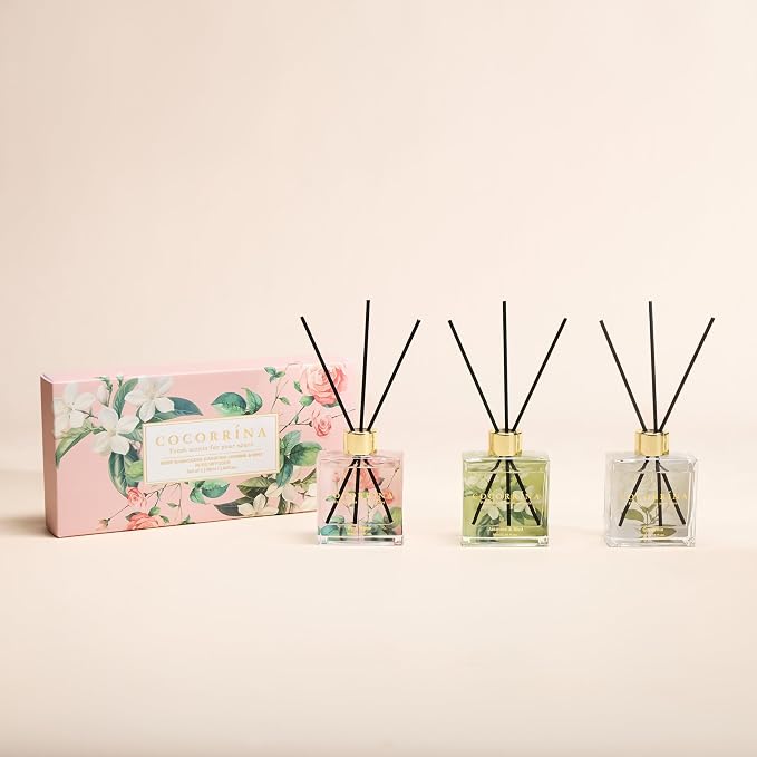 COCORRÍNA Reed Diffuser Set of 3-3 Pack/ 3.04 Fl.oz Diffuser with 24 Sticks Pink Rose/Gardenia/Jasmine & Mint, Reed Diffuser for Home Bathroom Office Decor