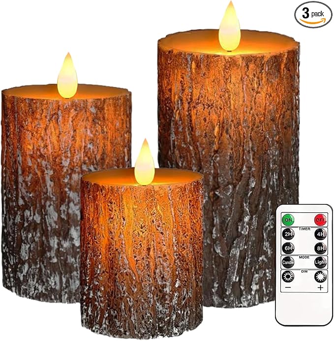 VEEKI Flameless Candles Lights, Set of 3 Battery Operated Flickering Flameless Candles with Remote & Timer, Dimmable LED Pillar Candles, Pine Bark Electric LED Candles for Christmas Winter Home Decor