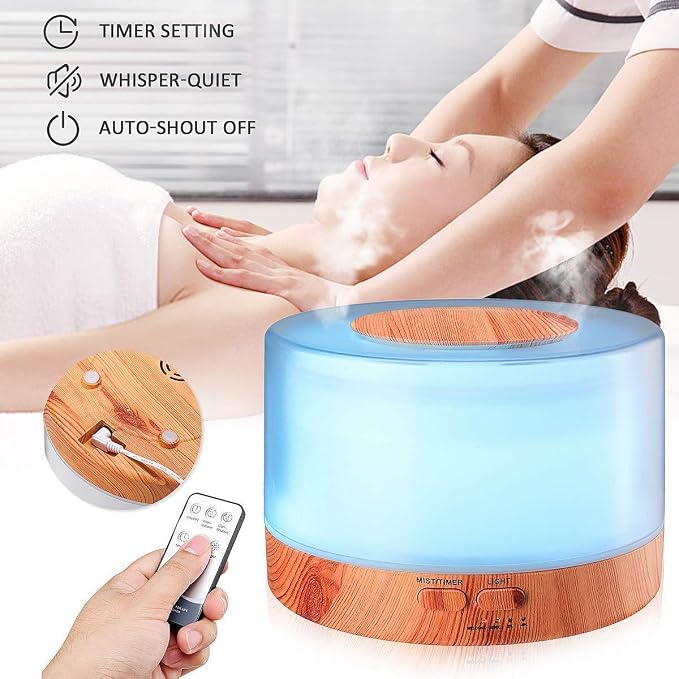 Aromatherapy Essential Oil Diffuser,700ML Ultrasonic Aroma Cool Mist Humidifier with Adjustable Mist Mode,Waterless Auto Shut-Off and Remote Control,7 Color Changing LED Night Lights for Home