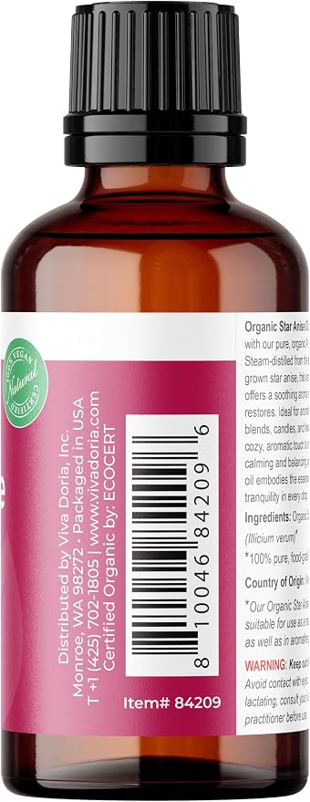 Viva Doria Star Anise Essential Oil, USDA Certified Organic Star Anise Oil, 100% Pure, Natural Essential Oil, Undiluted, for Aromatherapy | Food Grade, 30 mL (1 Fluid Ounce)