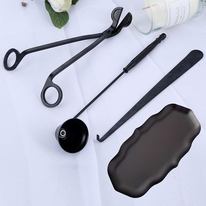 MUXSAM Candle Accessory Set Gift Box, Exquisite Wave Storage Tray Plate, Candle Wick Trimmer, Bell Candle Wick Snuffer, Candle Wick Dipper, 4-in-1 Candle Care Toll Kit for Scented Candle Lover, Black