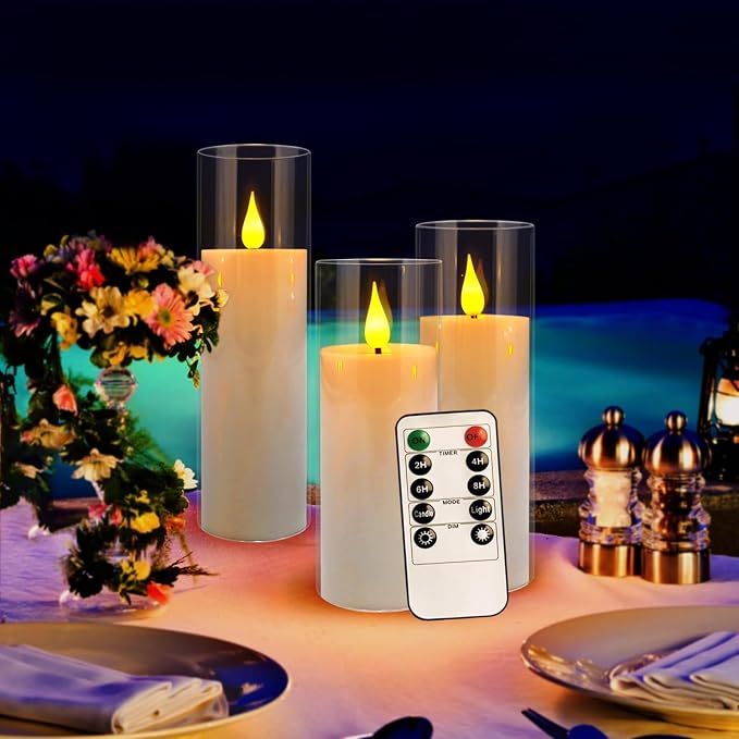 YOROXRG Set of 24 Flickering Flameless Candles Battery Operated with Remote and 2/4/6/8 H Timer Plexiglass Led Pillar Candles with Realistic Moving Wick Candles for Home Decor (D2.2"xH 5"6"7")(White)