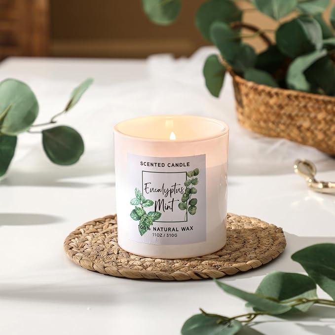 Eucalyptus & Mint Scented Candle,White Candles for Home Scented,Aromatherapy Candle,Stress Relief Candle,Christmas Gift for Women Men,Natural Soy Wax Candle,11oz