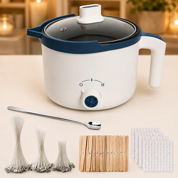 Wax Melting Pot for Candle Making, Candle Making Kit with 90*Wicks, 100*Wick Stickers, 45*Centering Device, 1*Stirring Spoon, Electric Wax Melter with Pouring Spout