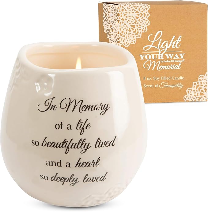 Pavilion 'In Memory, Beautifully Lived' 19178 - White Ceramic Candle with Soy Wax in a Delicate Floral Scent, Thoughtful Sympathy, Remembrance, and Condolence Gift - 8 Ounces