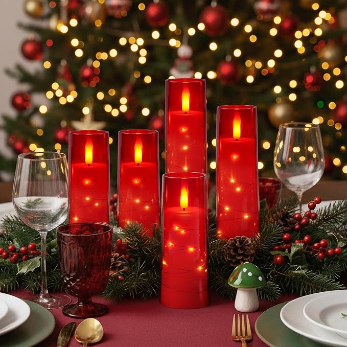 Raycare Flameless Candle with Remote Timer – 5 Flickering Acrylic Battery Operated LED Pillar Candles with Embedded Star String for Halloween, Home Decor, and as a Gift(Red)