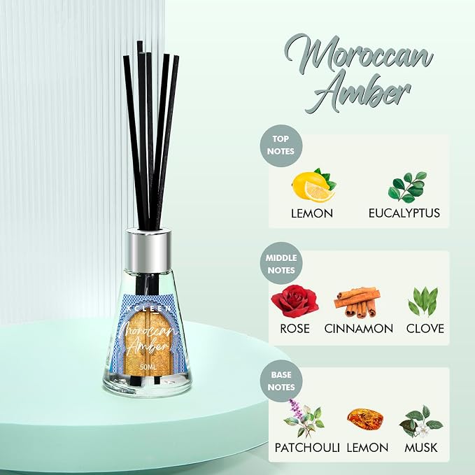 Xcleen 3 Pack Reed Diffuser, Scented Oil Diffuser with 15 Sticks, Escape/Vanilla/Moroccan Amber, Air Freshener for Bathroom & Office, Holiday Home Fragrance, Gift idea, Each 1.7Fl Oz, Total 5.1Oz