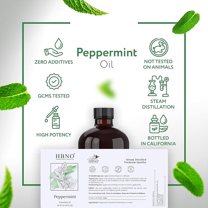 HBNO Peppermint Essential Oil - Huge 16 oz (475ml) Large Size - Ideal for Diffusers, Cleaning Agents, Deodorizers, and Flavoring Agents.