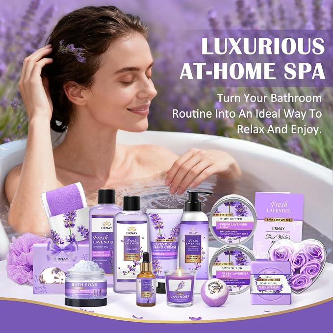 Gift for Women, Spa Gift Baskets for Women - 17pcs Lavender Sets with Body Lotion, Bubble Bath, Relaxing Bath Sets, Birthday Christmas Gifts for Her, Spa Kit for Mom Wife Sister Friend