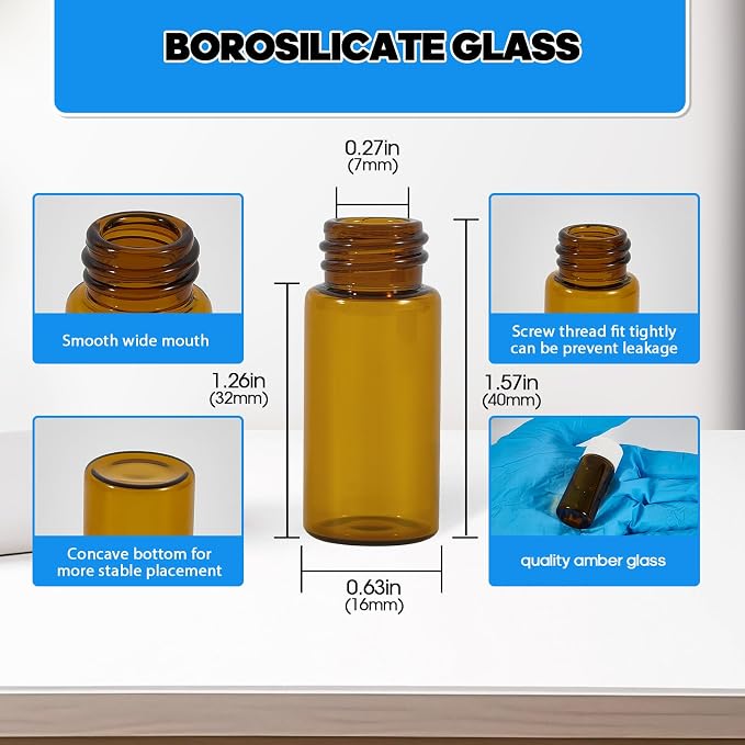 12PCS 4ml Amber Glass Vials with White Screw Caps and Plastic Stoppers, 1 Dram Leak-Proof Small Liquid Sample Bottles for Essential Oils, Perfumes, Reagents