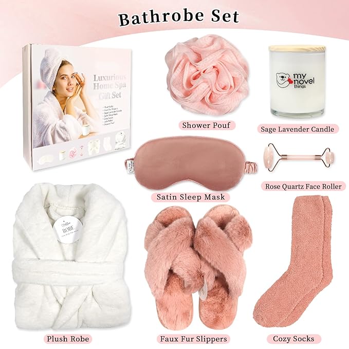 my novel things Birthday Gifts For Women, Bathrobe Set With Silky Sleep Mask, Spa Robe and Slippers set, Scented Candle Self Care 7 Pack Get Well Self-Care Gifts for Christmas Thanksgiven Day Red