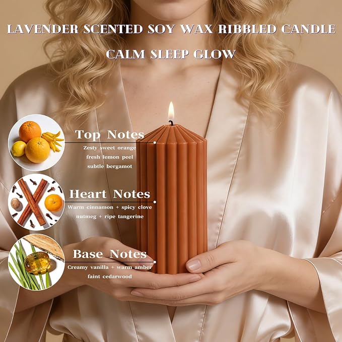 Burnt Orange Ribbed Pillar Candles Set of 3-Spiced Orange,Cinnamon & Clove Scented Soy Wax，Aesthetic Retro Textured Pillars-2.8x4,6,8in,High-Low Trio for Boho Home Decor,Spa & Gifting