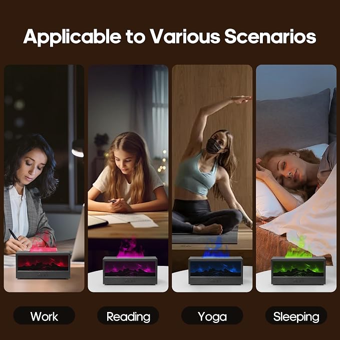 Essential Oil Diffuser Flame Colorful Water Vapor Fireplace Diffusers Fire Humidifier for Aromatherapy Aroma Therapy Machine (Black Fireplace (Short Version))