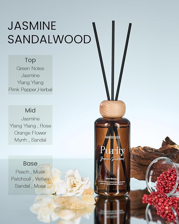 M&SENSE Reed Diffuser Set, Jasmine Sandalwood Scented 6.3 fl oz Natural Essential Oil Diffusers with Sticks, Non-Toxic Organic Air Freshener, Long-Lasting Fragrance Oils for Home Bathroom Living Room