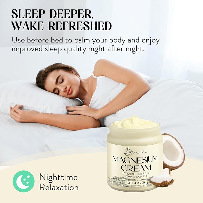 Magnesium Cream for Sleep - Topical Magnesium for Women, Muscle Relaxation, Calm, Moisturizing with Coconut Oil, Shea Butter & Hyaluronic Acid, 4.23 OZ, Safe for Kids (4.23 Ounce, Coconut)