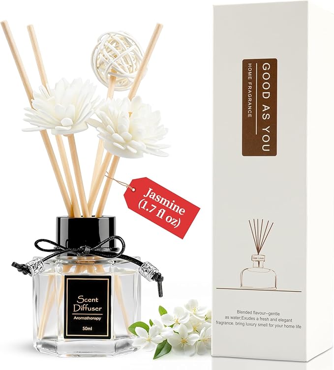 Jasmine Reed Diffuser 1.7 fl oz, Exotic Floral Home Fragrance, Non-Toxic Essential Oil with 6 Scent Sticks, Long-Lasting Natural Air Freshener for Living Room & Bedroom & Gift