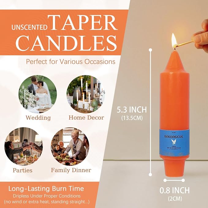 Smokeless Candlesticks Short Taper Candle,Unscented 5 Inches Orange Candle Sticks Dripless Tapered Candles for Home Décor Weddings Seasons Gifts