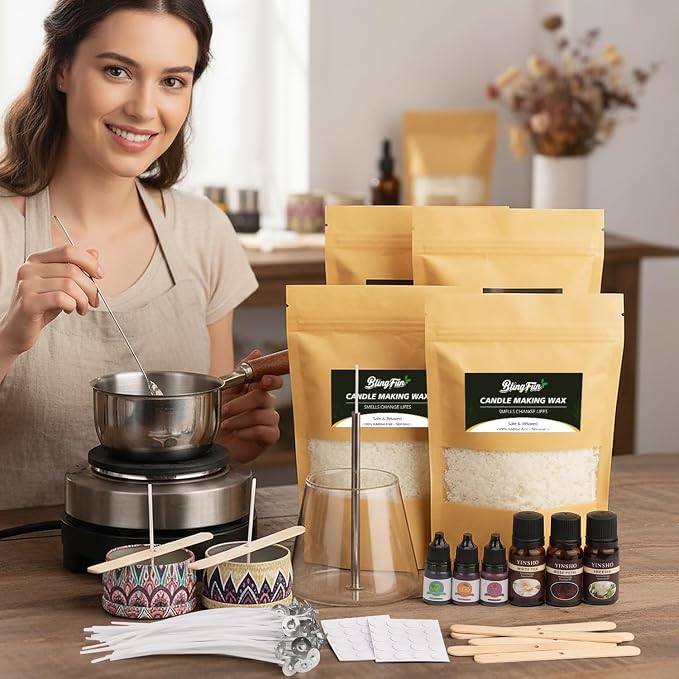 Blingfun Candle Making Kit for Beginners, Soy Wax Candle Making Supplies with Natural Soy Wax, Essential Oils, Color Dye, Melting Pitcher & Wick Set, DIY Home Craft Gift for Adults & Women