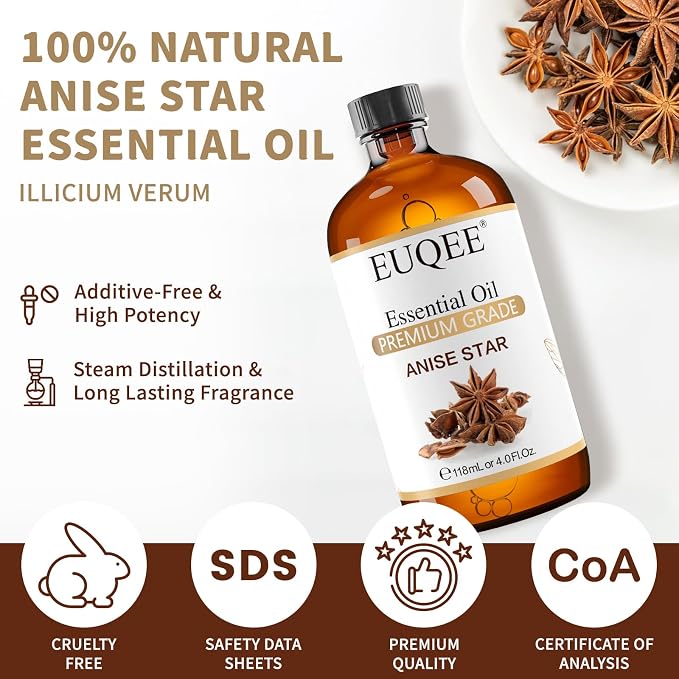 EUQEE Anise Star Essential Oil 4oz / 118ML Large Capacity Anise Star Essential Oil Pure & Premium Essential Oil with Glass Dropper for Candle Soap Making, Diffusers