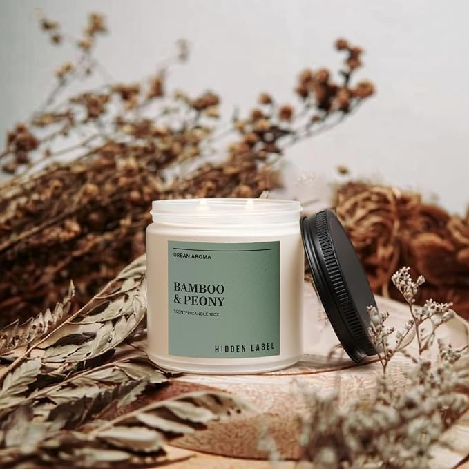 Hidden Label Bamboo & Peony Soy Candle, 12oz 2-Wick, 70H Burn | Japandi Décor Frosted Glass, Clean Aromatherapy for Focus & Calm, Stress Relief, Gift-Ready with FSC Packaging