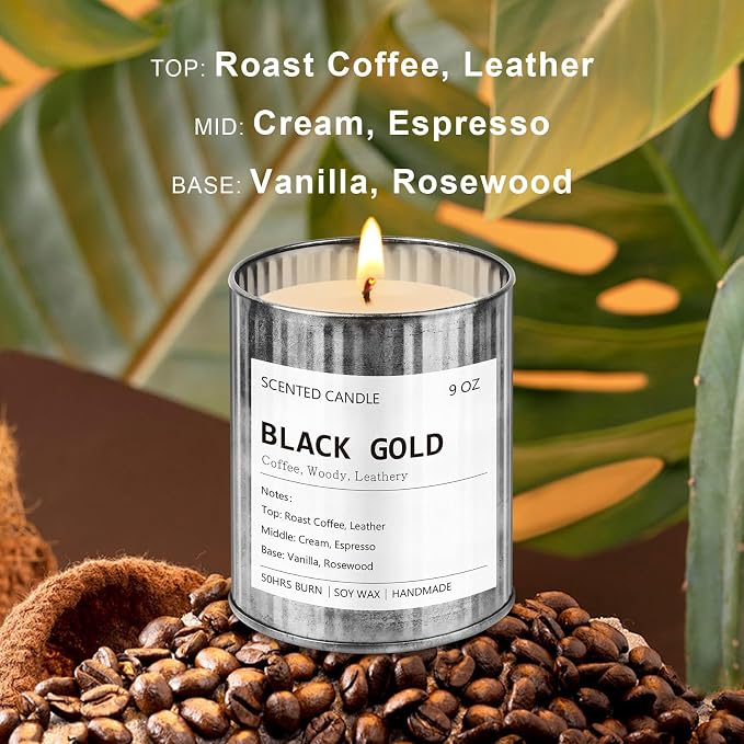 Scented Candle for Men - Man Cave Gifts Coffee Leather Woody Scent | 50Hr Burn Soy Wax Candle in Metal Tin (9oz) - Masculine Home Decor, Birthday Gift for Him