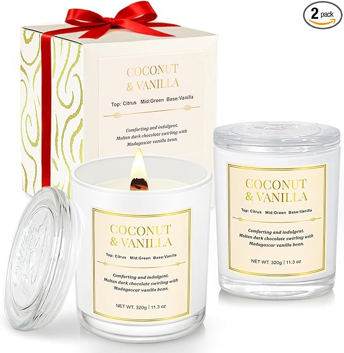2 Pack Wood Wick Coconut & Vanilla Candle Gift Set – Long Lasting Soy Wax Candles with Gift Boxes, Holiday Aromatherapy Candles for Home Decor & Holiday Gifts