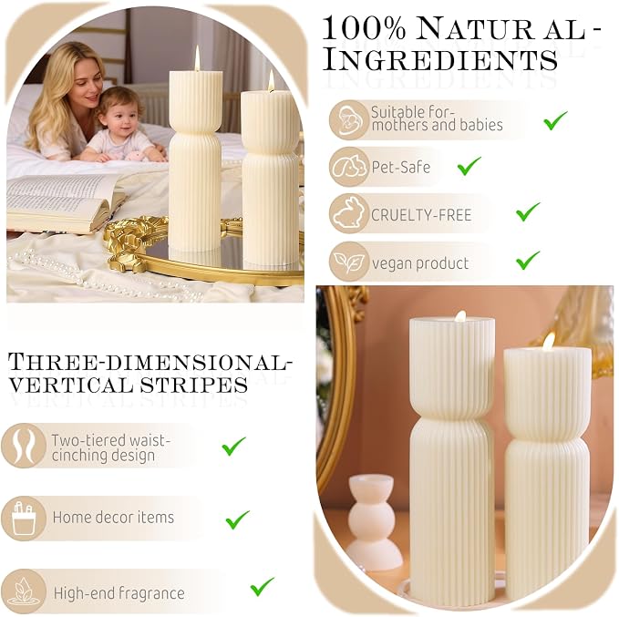 Aesthetic Sandalwood Scented Candles,Ribbed Pillar Candle Set of 2 (7.87" & 9.05" Tall), Natural Soy Wax Minimalist Geometric Decor, Modern Fluted Sculptural Candles for Home,Shelf, Mantel & Gift