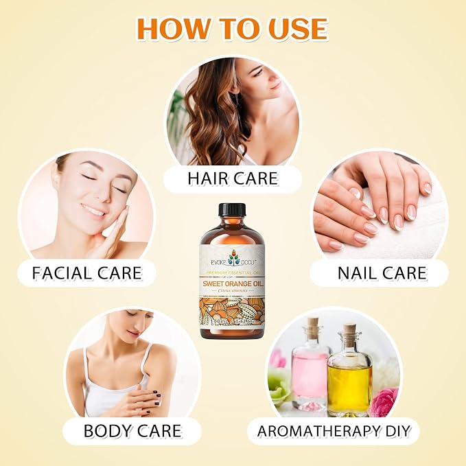 EVOKE OCCU 4OZ Orange Essential Oil Citrus Aromatherapy Oil for Diffuser, Home Cleaning, Skin & Hair Care, DIY Soap & Candle Making