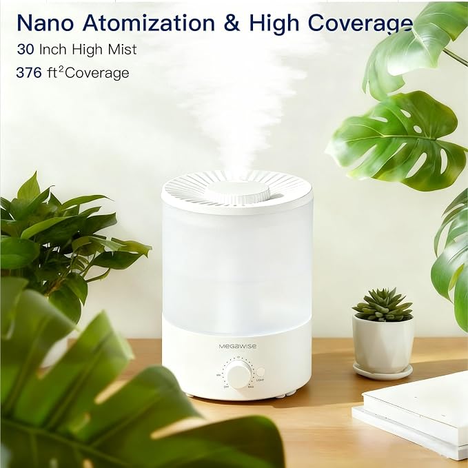MegaWise Healthy Top-Refill Cool Mist Humidifiers for Bedroom, 24dB Ultrasonic Air Vaporizer with Water Filter for Baby [PP Material], Colorful Night Light,1 Gal Essential Oil Diffuser, Auto Shut Off
