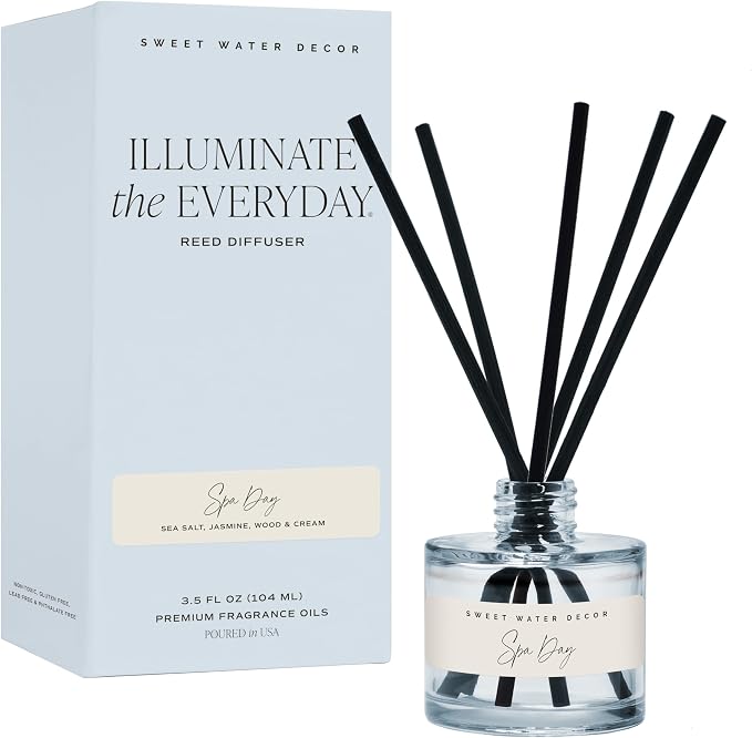 Sweet Water Decor Spa Day Blue Tinted Reed Diffuser Set, Sea Salt, Jasmine, Wood and Cream Scented Diffuser for Home, Relaxing Spa Scent, Long Lasting Fragrance, Made in the USA