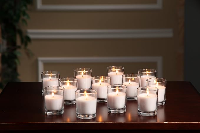 Hosley Set of 12 Ivory Unscented Votive Candles 12 Hour Burn Time Hand-Poured Wax in Clear Glass Holders Long-Lasting, Smokeless Candles for Weddings, Home Décor, Spa & Events.