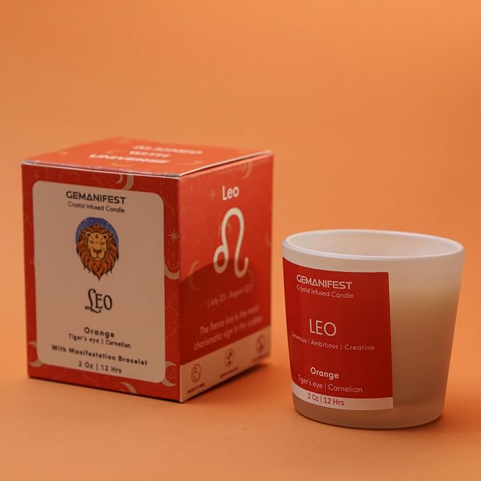 Leo Zodiac Candle with Carnelian Bracelet Orange Scented Soy Manifestation Candles Zodiac Gifts for Leo Women Birthday Astrology Spiritual Gifts