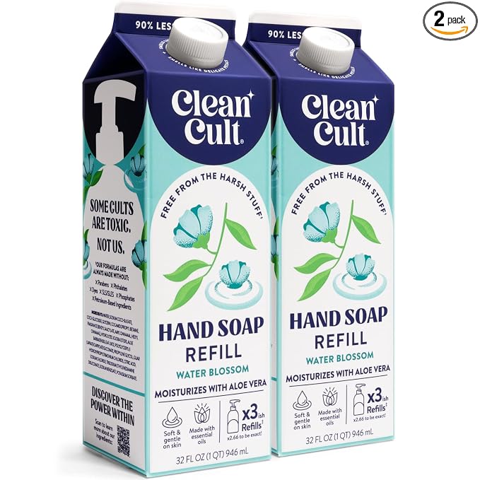 Cleancult Liquid Hand Soap Refill - Water Blossom - Moisturizes Dry & Sensitive Skin - Made with Aloe Vera & Essential Oils - Eco Friendly - Paper-Based Packaging - 32 oz/2 Pack