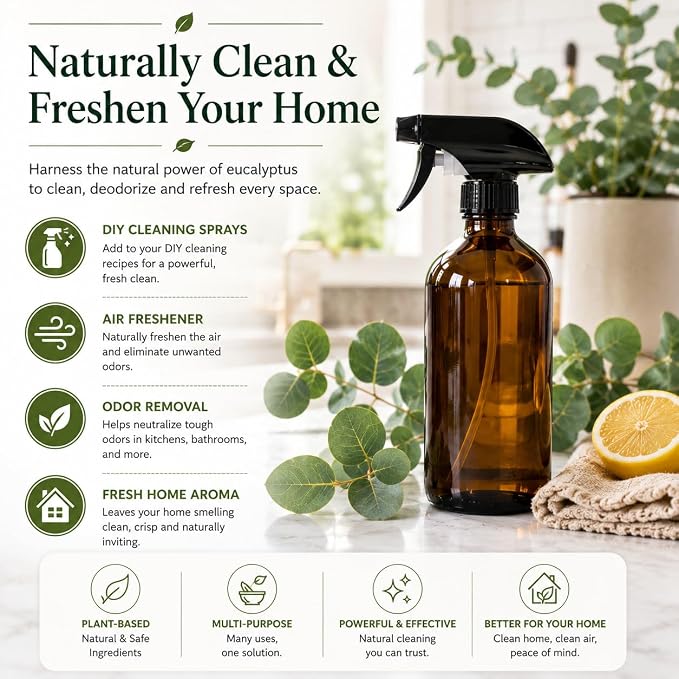 2 Bottles – GreenHealth Eucalyptus Essential Oil – 16 fl oz Each (32 fl oz Total) – 100% Pure & Uncut – Bulk Aromatherapy Oil in Aluminum Bottles – for Diffuser, Cleaning, DIY, Home Fragrance