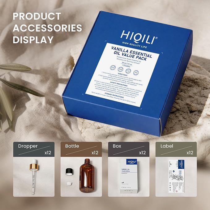 HIQILI Vanilla Essential Oil Set-1 fl oz (12 Pack),Stable Quality, Bulk Pack for Business Purchase
