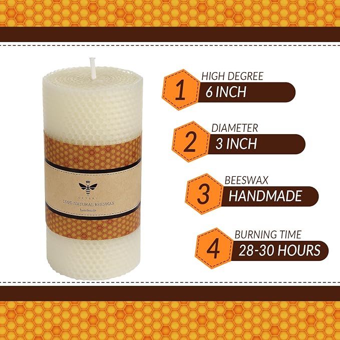 DEYBBY Natural White 3×6 in Beeswax Pillar Candle - Handmade Pure Organic Beeswax Honeycomb Rolled Candle for Home Study Decor Housewarming Gift
