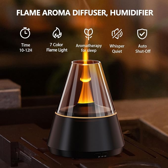 Flame Essential Oil Diffuser, Upgrade 7 Colour Lights Aromatherapy Diffuser, Oil Diffuser, Air Humidifier, Aroma Diffusers for Home, Bedroom, Office, Yoga, Timer & Waterless Auto Off