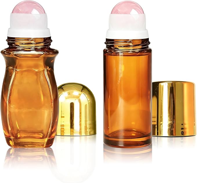 2 Pack Rose Quartz Roller Waisted & Straight Bottles for Oils, 50ml Refillable Amber Glass Roll On Bottles with Natural Crystal Roller Balls, Leak-Proof Travel Perfume Bottle with Gold Caps