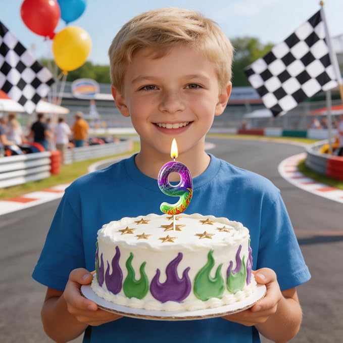 Number 9 Birthday Candle for Cake – Purple Green Flame Design with Lightning & Tire Track Pattern – Off-Road Truck Theme Cake Topper for Birthday Party Decoration