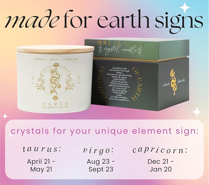 Taurus Virgo Capricorn Gifts for Women - 12oz Wood Wick Candles that Crackle with Crystals and Healing Stones. Healing Crystal Candles for Women Home Scented. Soy Wax, for Zodiac Birthdate