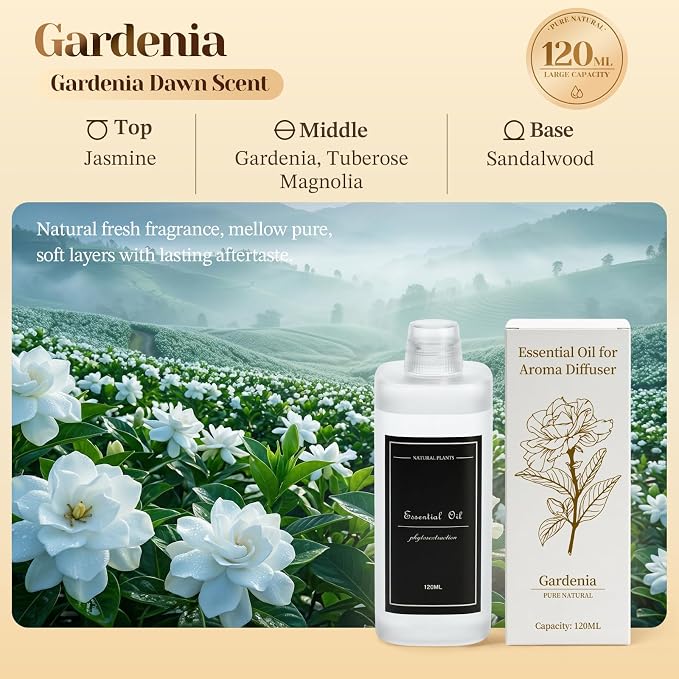 4.06 fl oz (120ml) Diffuser Oil for Home Fragrance Diffusers (M60), Plant-Based & Alcohol-Free, Hotel Scent Essential Oil for Bedroom, Bathroom, Office, Car, Office (Gardenia)