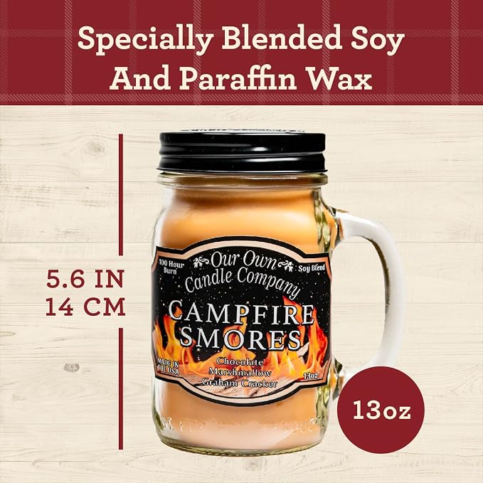 Our Own Candle Company Campfire S’Mores Scented Candle, Mason Jar, 13oz, Long Lasting 100 Hour Burn, Fall & Holiday Gift