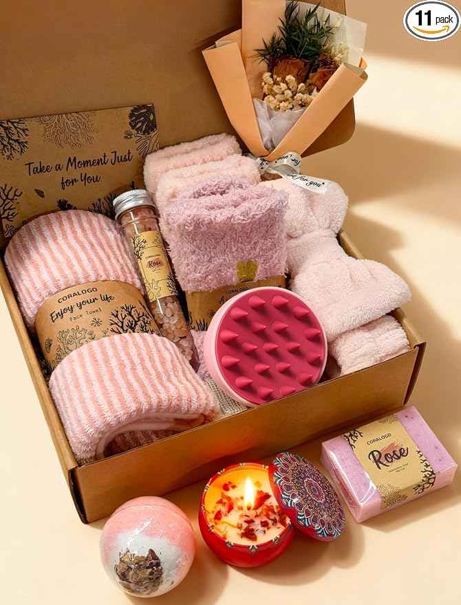 Rose Spa Gift Baskets - Natural Pampering Spa Set, Self-Care Get Well Soon Thinking of You Basket,Thank You Gifts, Unique 11pcs Gift Set for Women Wife Mom Her Birthday