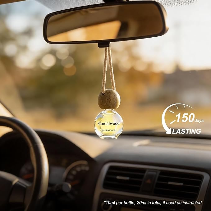 Hanging Car Air Freshener 2 Pack, Sandalwood Scent Essential Oil Diffuser Long Lasting & Cute Car Accessories with 2 Vent Clip for Women Men Gift, Odor Eliminator
