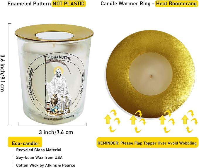 White Santa Muerte Candle 50 Hours│Natural Soy Wax│Purity, Divine Guidance, Peace, Mental Clarity, Fresh Start, Negative Energy Cleansing Ritual, Spiritual Protection │Design in Mexico City│3“×3.6”