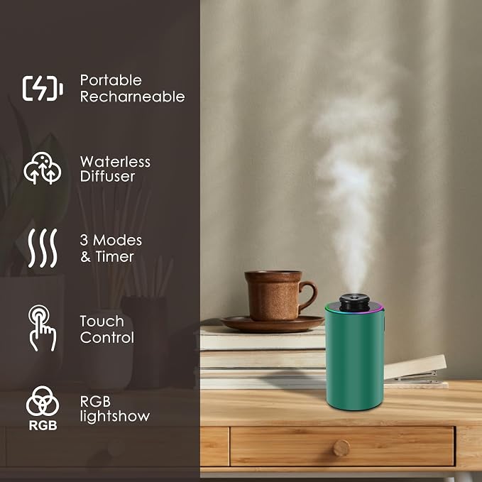 Waterless Essential Oil Diffuser with 8 Color LED Night Light, 3 Mist Levels & Timers, Portable Rechargeable Aromatherapy Diffuser for Home Car Room Studio Office, Metal (Green)