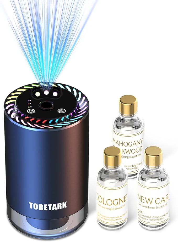 Smart Car Air Freshener with Star Light & 150ml Diffusers Oil Refills, Auto On/Off Aroma Diffuser, 3 Adjustable Modes Rechargeable - Car Diffuser（Cologne+New Car Smell+Mahogany Teakwood）