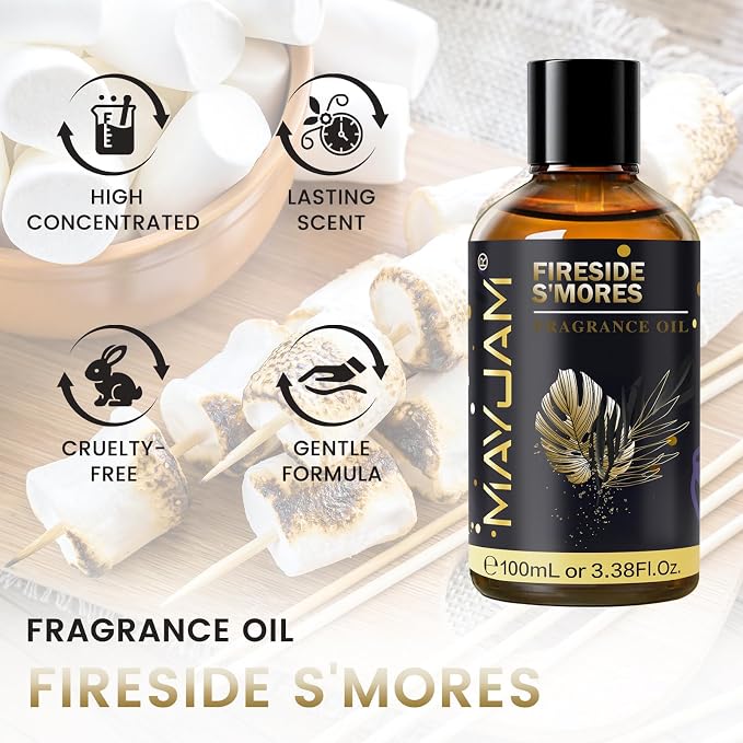Fireside S'Mores Fragrance Oil Essential Oil, MAYJAM 3.38FL.OZ Fireside S'Mores Oil for Diffusers for Home, Long Lasting Scented Oils for Soap Candle Making - 100ML