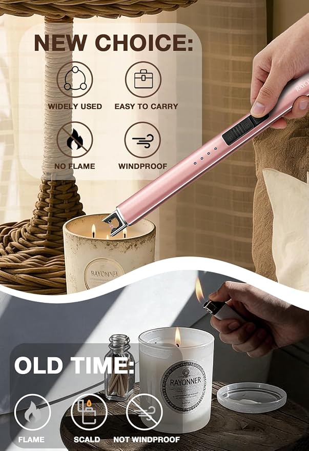 RAYONNER Lighter Electric Candle Lighters Rechargeable USB Lighter Arc Lighters for Candle Camping (1Pack, Rose Gold)